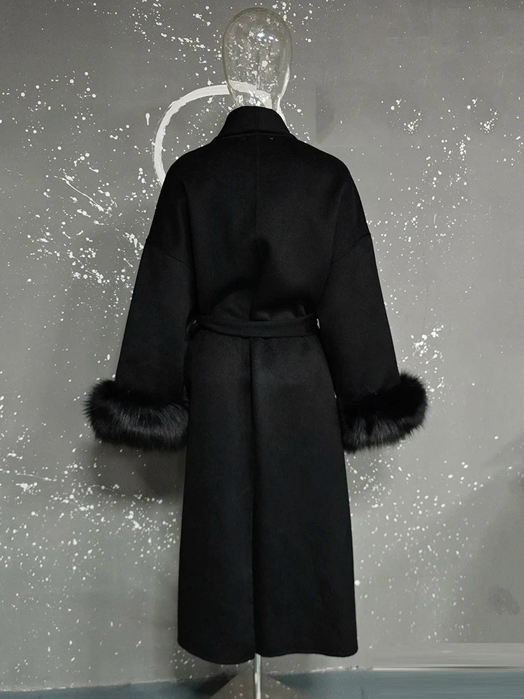 UCXQ Elegant OL Office Lady Overcoats Fur Patchwork Long Sleeve Woolen Coat Beautiful Women's Clothing Jacket Autumn 2025 Winter - MAGUSTA BEAUTY