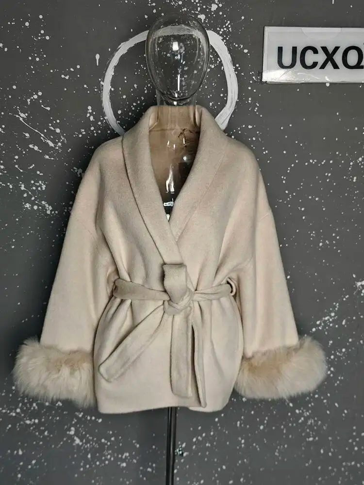 UCXQ Elegant OL Office Lady Overcoats Fur Patchwork Long Sleeve Woolen Coat Beautiful Women's Clothing Jacket Autumn 2025 Winter - MAGUSTA BEAUTY