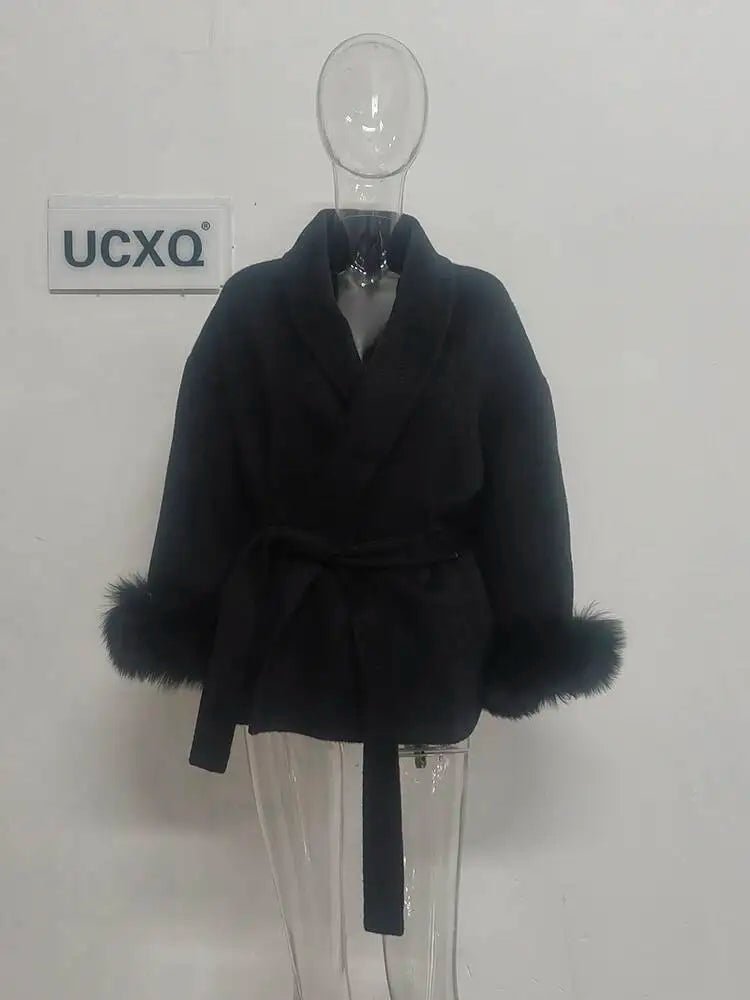 UCXQ Elegant OL Office Lady Overcoats Fur Patchwork Long Sleeve Woolen Coat Beautiful Women's Clothing Jacket Autumn 2025 Winter - MAGUSTA BEAUTY