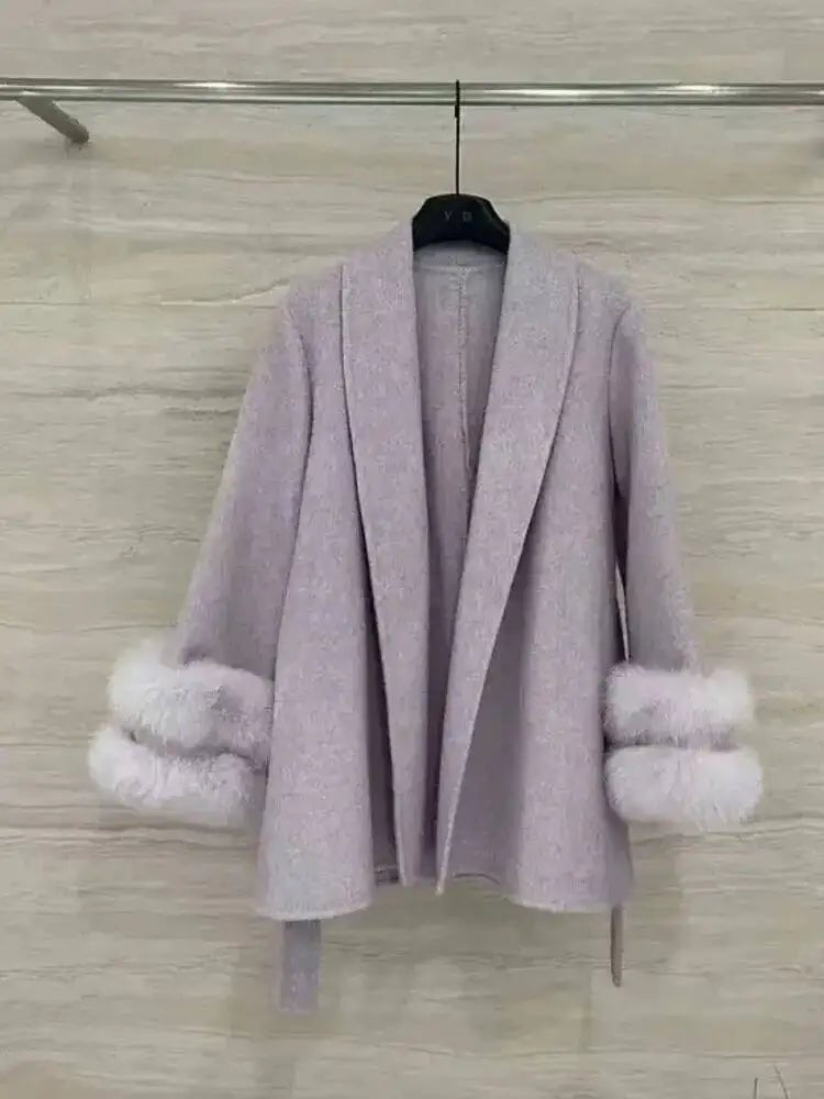 UCXQ Elegant OL Office Lady Overcoats Fur Patchwork Long Sleeve Woolen Coat Beautiful Women's Clothing Jacket Autumn 2025 Winter - MAGUSTA BEAUTY