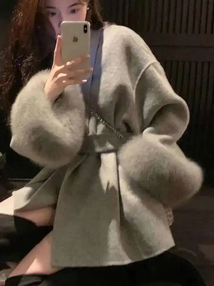 UCXQ Elegant OL Office Lady Overcoats Fur Patchwork Long Sleeve Woolen Coat Beautiful Women's Clothing Jacket Autumn 2025 Winter - MAGUSTA BEAUTY