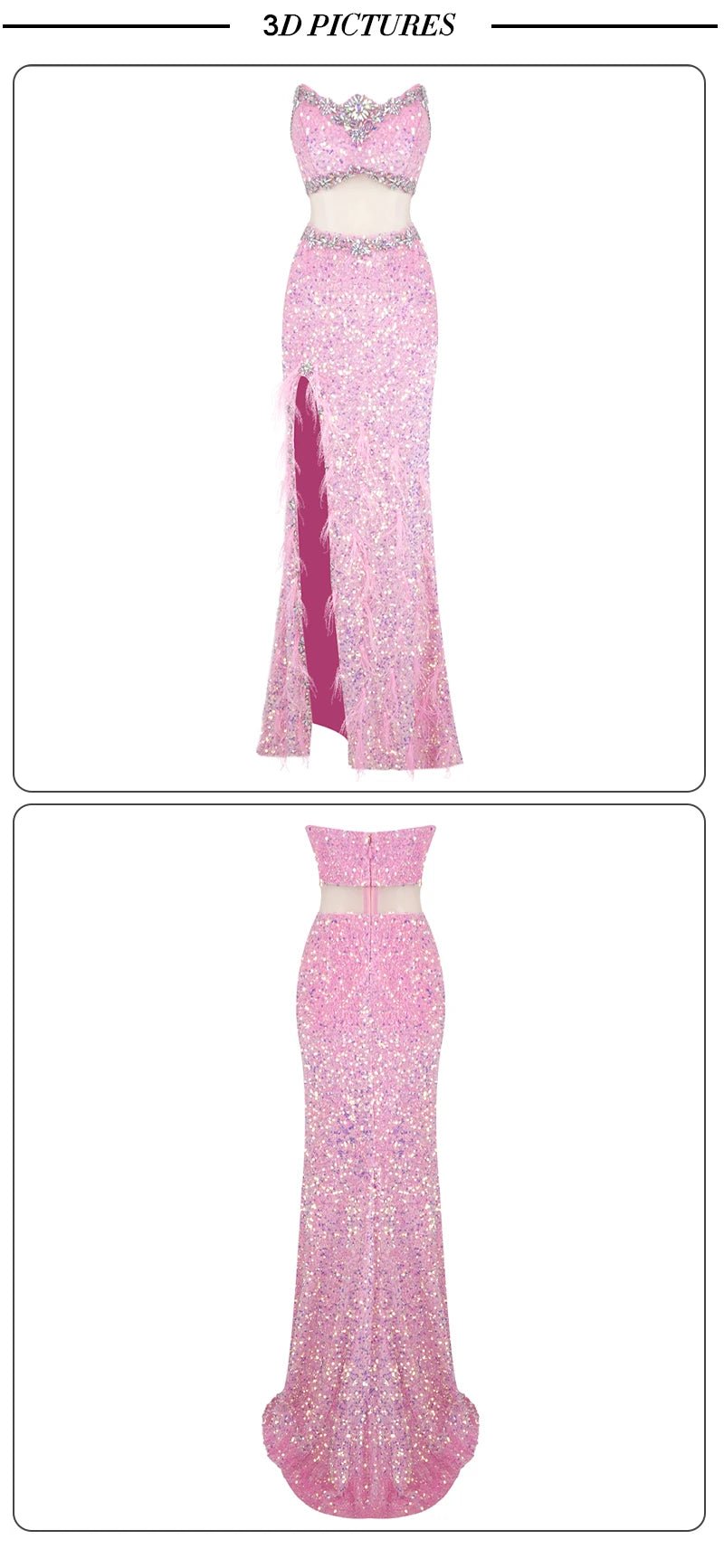 VC Pink Sparkly Sequins Long Dress Beaded Crystal Feather Embellished High Slit Straight Floor - length Prom Evening Gown Vestidos - MAGUSTA BEAUTY