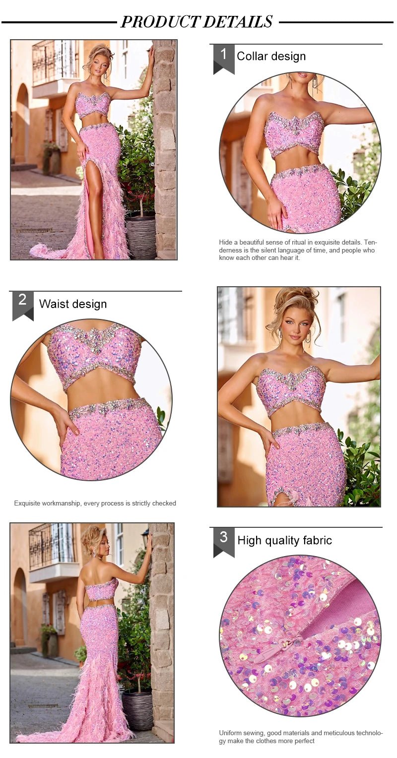 VC Pink Sparkly Sequins Long Dress Beaded Crystal Feather Embellished High Slit Straight Floor - length Prom Evening Gown Vestidos - MAGUSTA BEAUTY