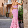 VC Pink Sparkly Sequins Long Dress Beaded Crystal Feather Embellished High Slit Straight Floor - length Prom Evening Gown Vestidos - MAGUSTA BEAUTY