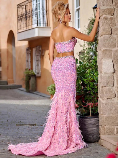 VC Pink Sparkly Sequins Long Dress Beaded Crystal Feather Embellished High Slit Straight Floor - length Prom Evening Gown Vestidos - MAGUSTA BEAUTY