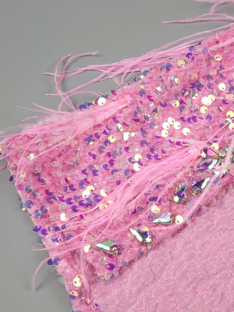 VC Pink Sparkly Sequins Long Dress Beaded Crystal Feather Embellished High Slit Straight Floor - length Prom Evening Gown Vestidos - MAGUSTA BEAUTY