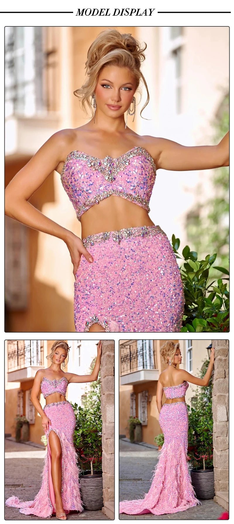 VC Pink Sparkly Sequins Long Dress Beaded Crystal Feather Embellished High Slit Straight Floor - length Prom Evening Gown Vestidos - MAGUSTA BEAUTY