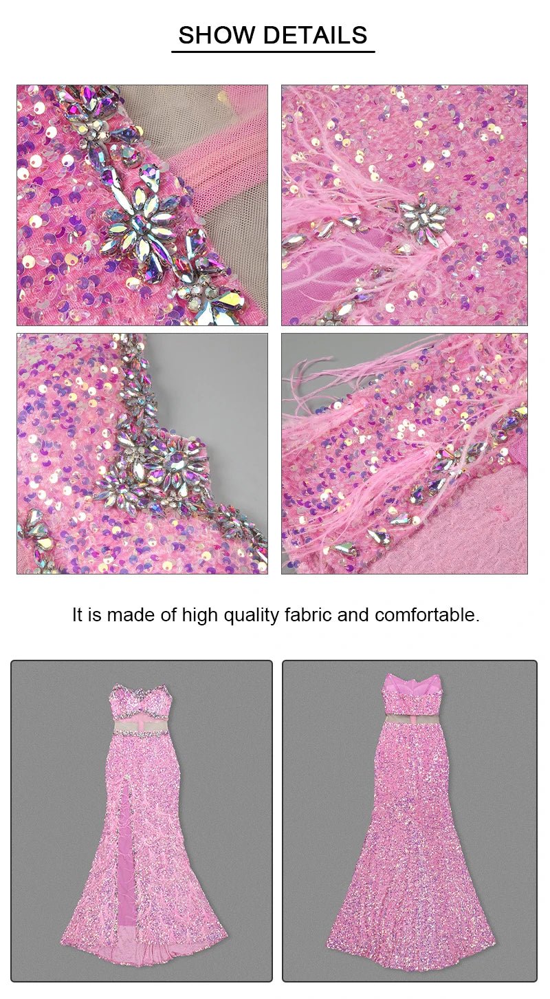 VC Pink Sparkly Sequins Long Dress Beaded Crystal Feather Embellished High Slit Straight Floor - length Prom Evening Gown Vestidos - MAGUSTA BEAUTY