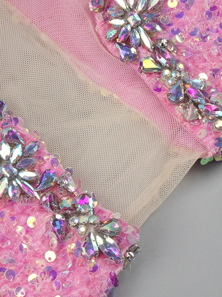 VC Pink Sparkly Sequins Long Dress Beaded Crystal Feather Embellished High Slit Straight Floor - length Prom Evening Gown Vestidos - MAGUSTA BEAUTY