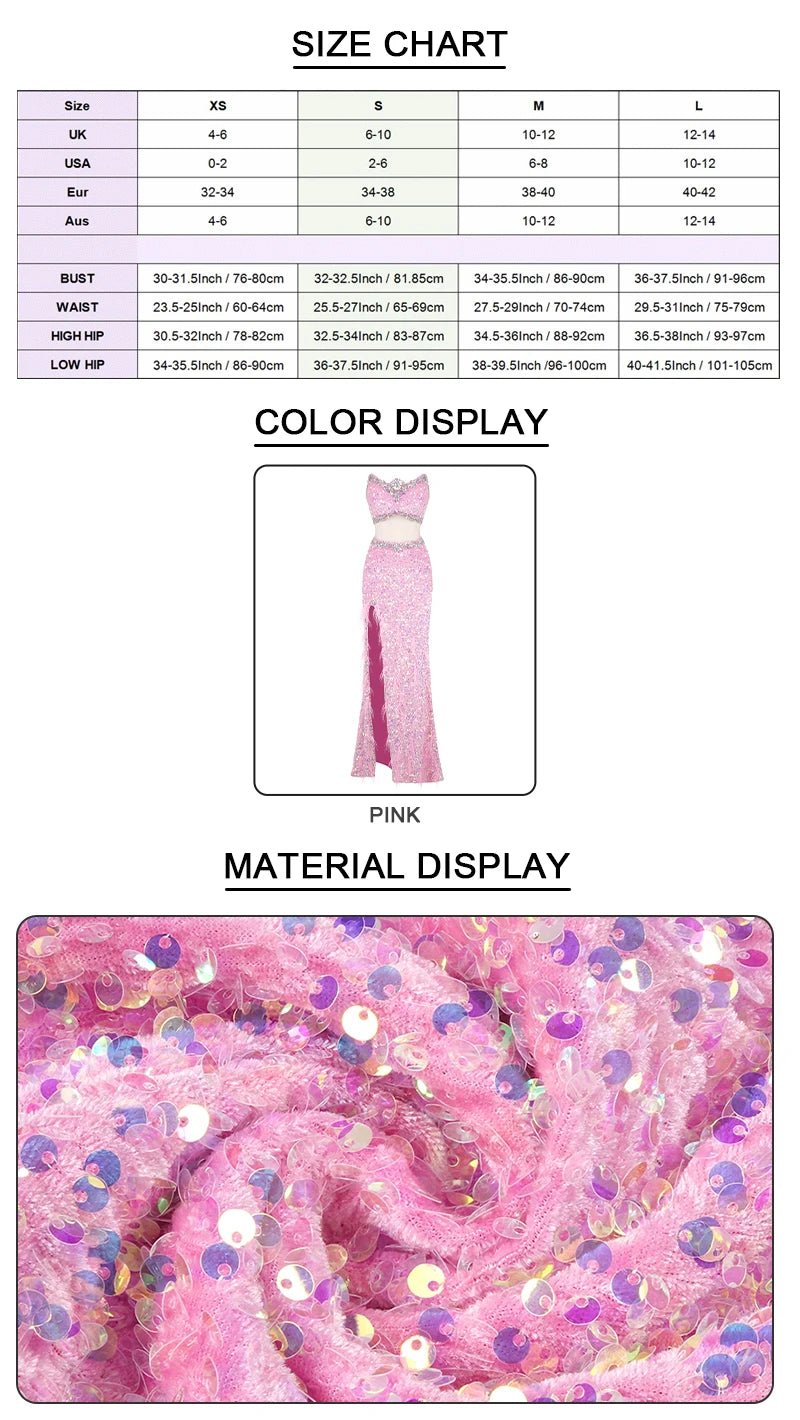 VC Pink Sparkly Sequins Long Dress Beaded Crystal Feather Embellished High Slit Straight Floor - length Prom Evening Gown Vestidos - MAGUSTA BEAUTY