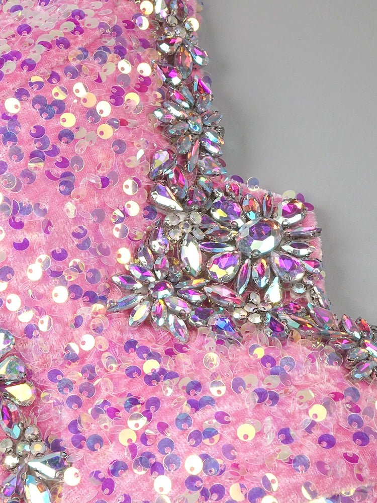 VC Pink Sparkly Sequins Long Dress Beaded Crystal Feather Embellished High Slit Straight Floor - length Prom Evening Gown Vestidos - MAGUSTA BEAUTY