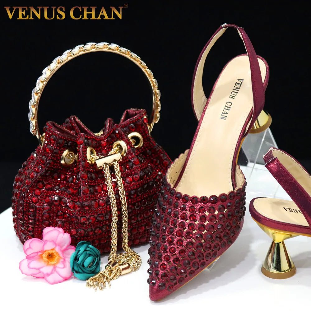 Venus Chan Pointed Toe Heels for Women 2023 Elegant Party Wine Color Full Diamond Pumps Italian Shoes and Bags Matching Set - MAGUSTA BEAUTY