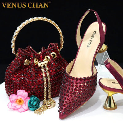 Venus Chan Pointed Toe Heels for Women 2023 Elegant Party Wine Color Full Diamond Pumps Italian Shoes and Bags Matching Set - MAGUSTA BEAUTY