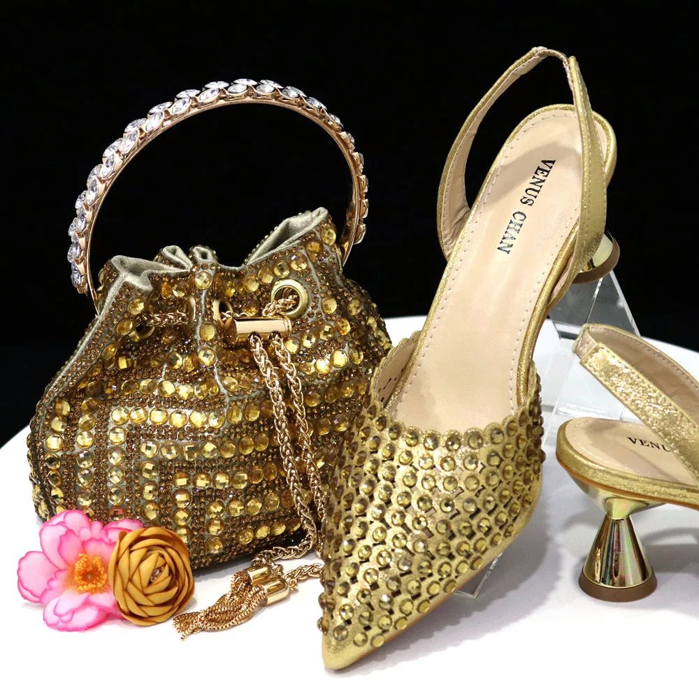 Venus Chan Pointed Toe Heels for Women 2023 Elegant Party Wine Color Full Diamond Pumps Italian Shoes and Bags Matching Set - MAGUSTA BEAUTY