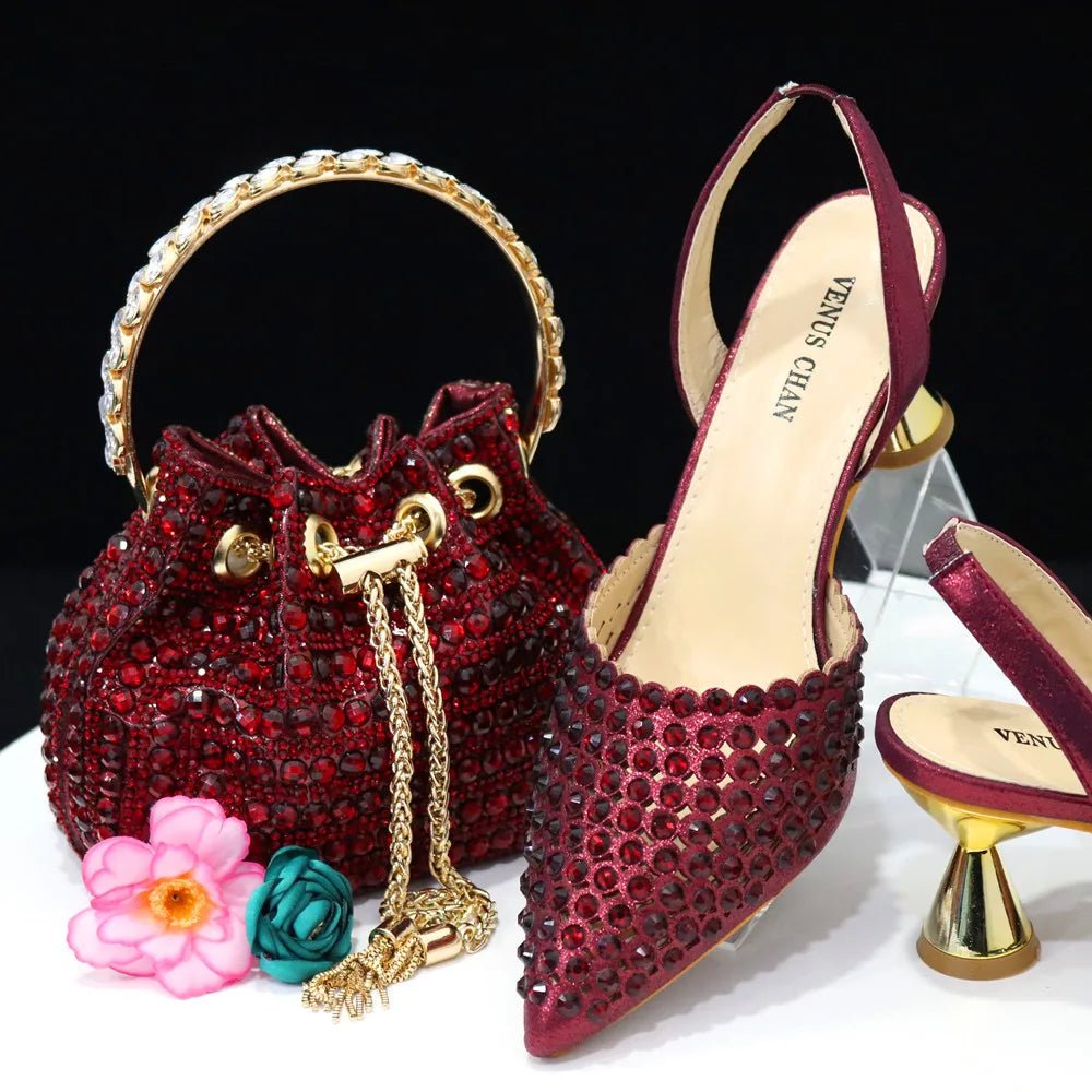 Venus Chan Pointed Toe Heels for Women 2023 Elegant Party Wine Color Full Diamond Pumps Italian Shoes and Bags Matching Set - MAGUSTA BEAUTY