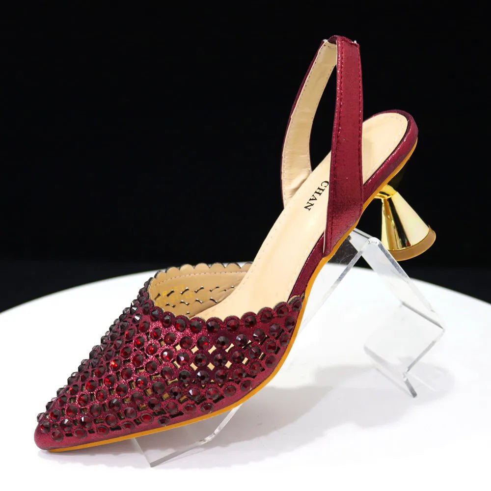 Venus Chan Pointed Toe Heels for Women 2023 Elegant Party Wine Color Full Diamond Pumps Italian Shoes and Bags Matching Set - MAGUSTA BEAUTY