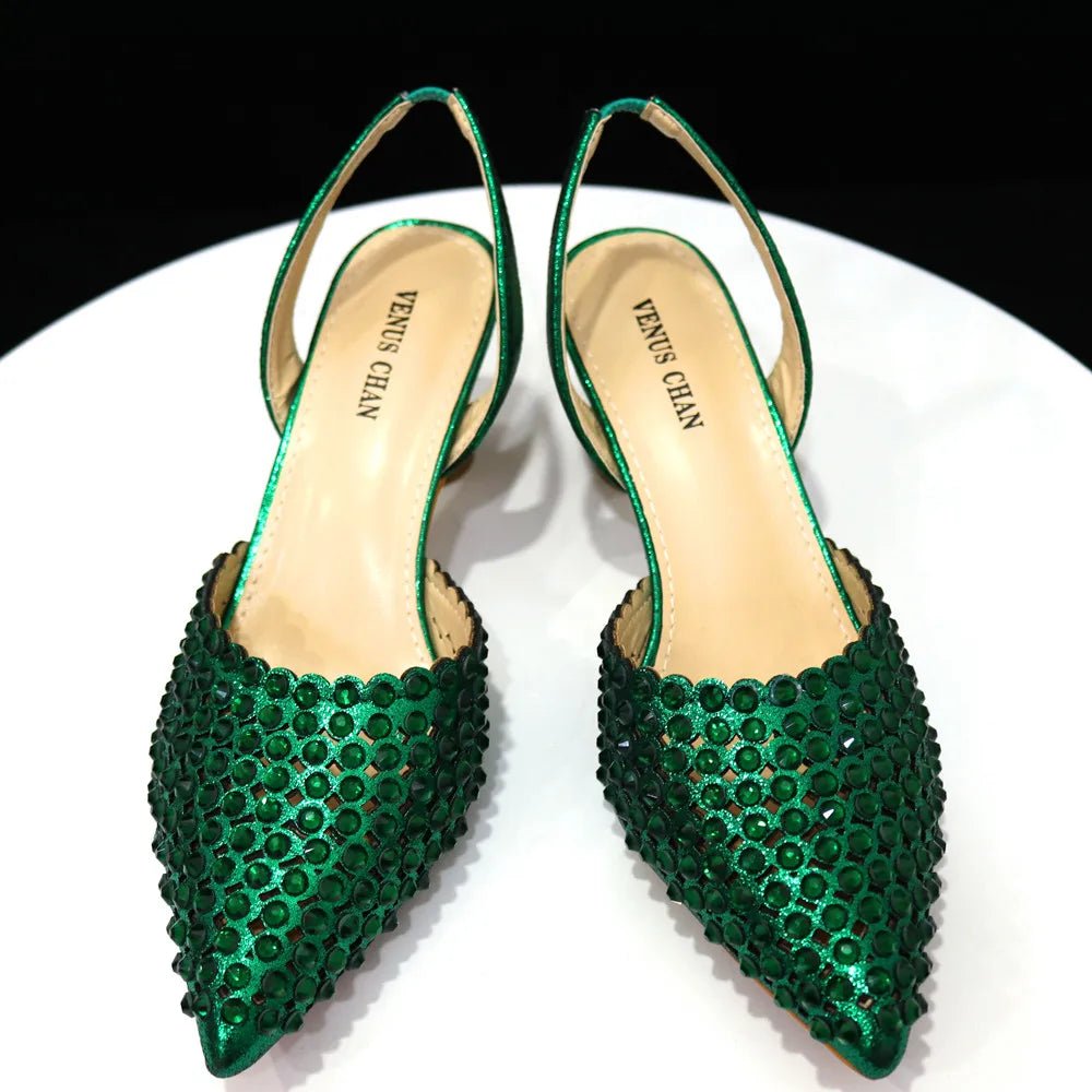 Venus Chan Pointed Toe Heels for Women 2023 Elegant Party Wine Color Full Diamond Pumps Italian Shoes and Bags Matching Set - MAGUSTA BEAUTY