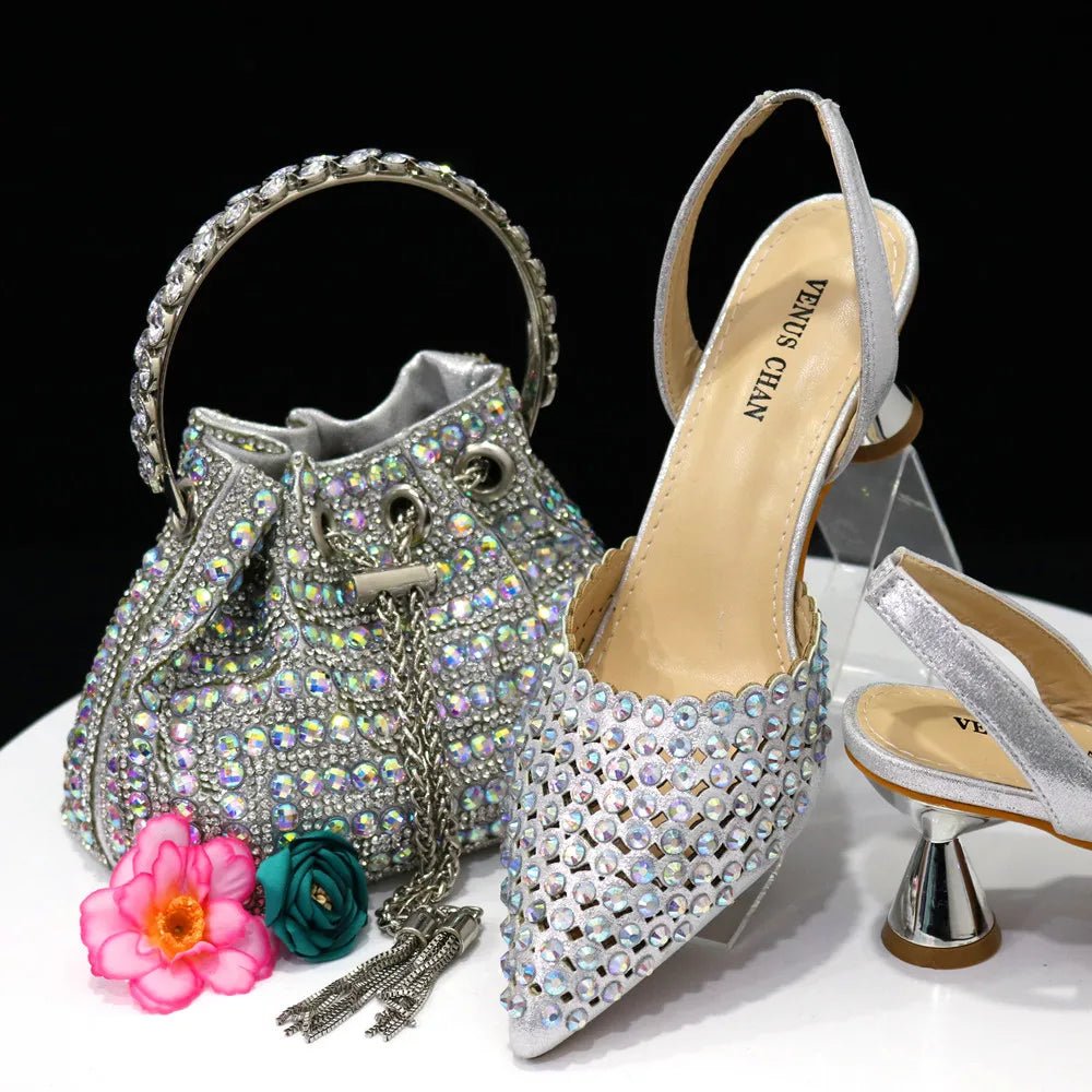 Venus Chan Pointed Toe Heels for Women 2023 Elegant Party Wine Color Full Diamond Pumps Italian Shoes and Bags Matching Set - MAGUSTA BEAUTY
