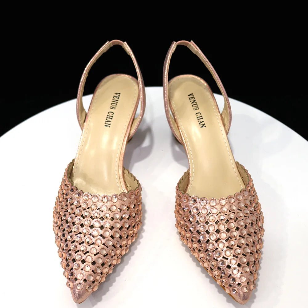 Venus Chan Pointed Toe Heels for Women 2023 Elegant Party Wine Color Full Diamond Pumps Italian Shoes and Bags Matching Set - MAGUSTA BEAUTY