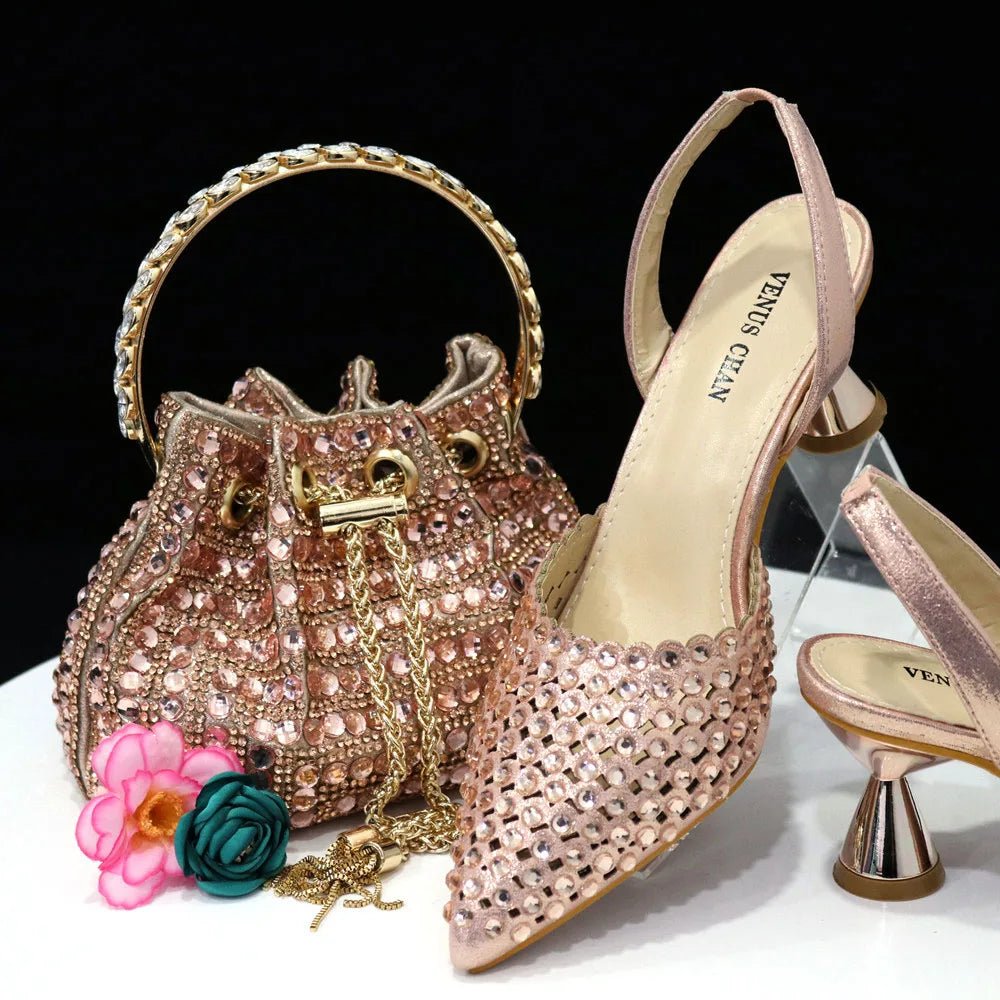 Venus Chan Pointed Toe Heels for Women 2023 Elegant Party Wine Color Full Diamond Pumps Italian Shoes and Bags Matching Set - MAGUSTA BEAUTY