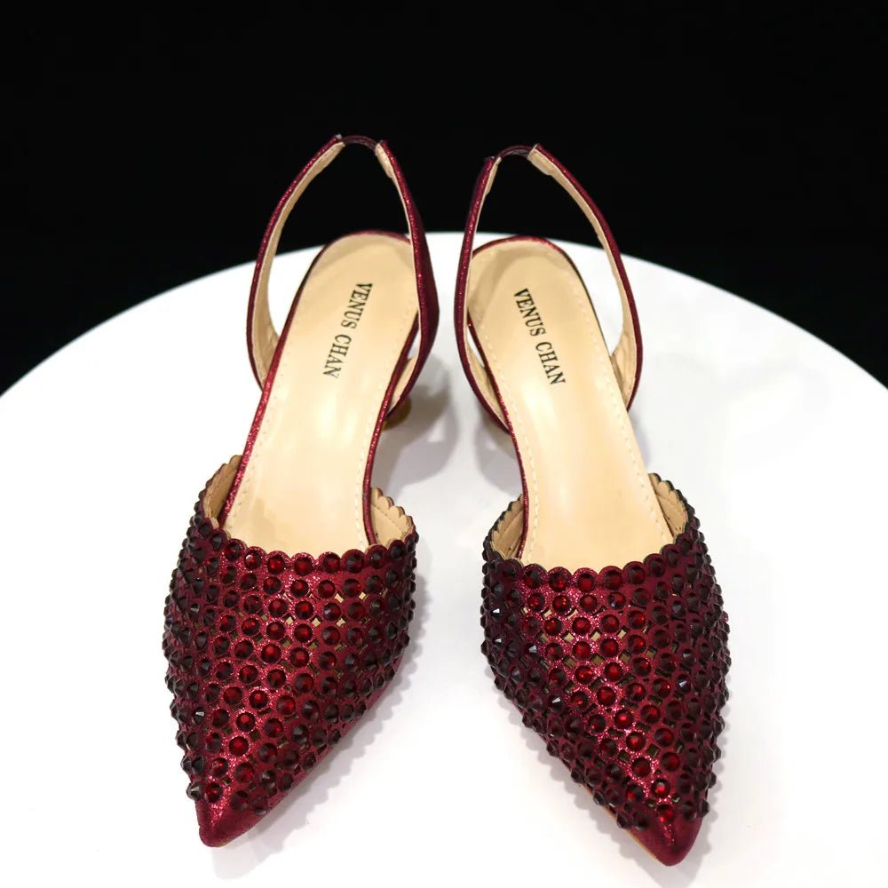 Venus Chan Pointed Toe Heels for Women 2023 Elegant Party Wine Color Full Diamond Pumps Italian Shoes and Bags Matching Set - MAGUSTA BEAUTY