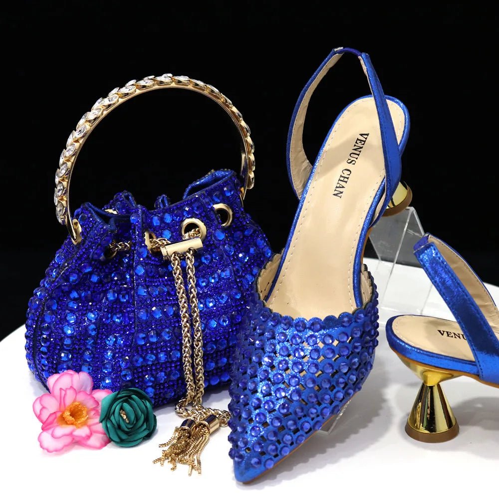 Venus Chan Pointed Toe Heels for Women 2023 Elegant Party Wine Color Full Diamond Pumps Italian Shoes and Bags Matching Set - MAGUSTA BEAUTY