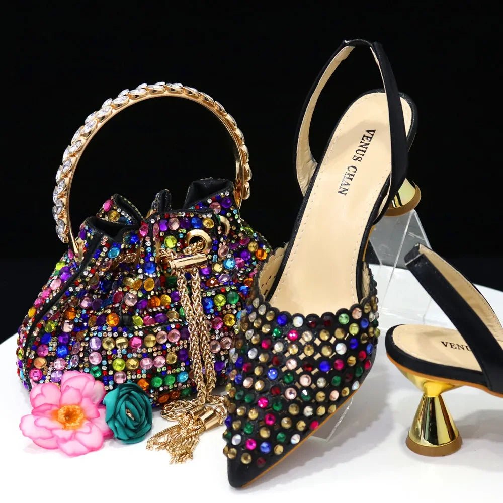 Venus Chan Pointed Toe Heels for Women 2023 Elegant Party Wine Color Full Diamond Pumps Italian Shoes and Bags Matching Set - MAGUSTA BEAUTY