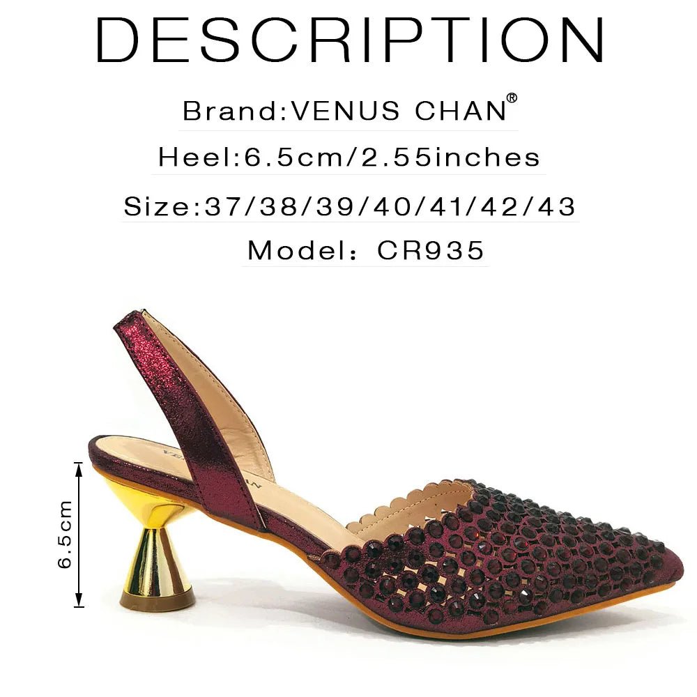 Venus Chan Pointed Toe Heels for Women 2023 Elegant Party Wine Color Full Diamond Pumps Italian Shoes and Bags Matching Set - MAGUSTA BEAUTY