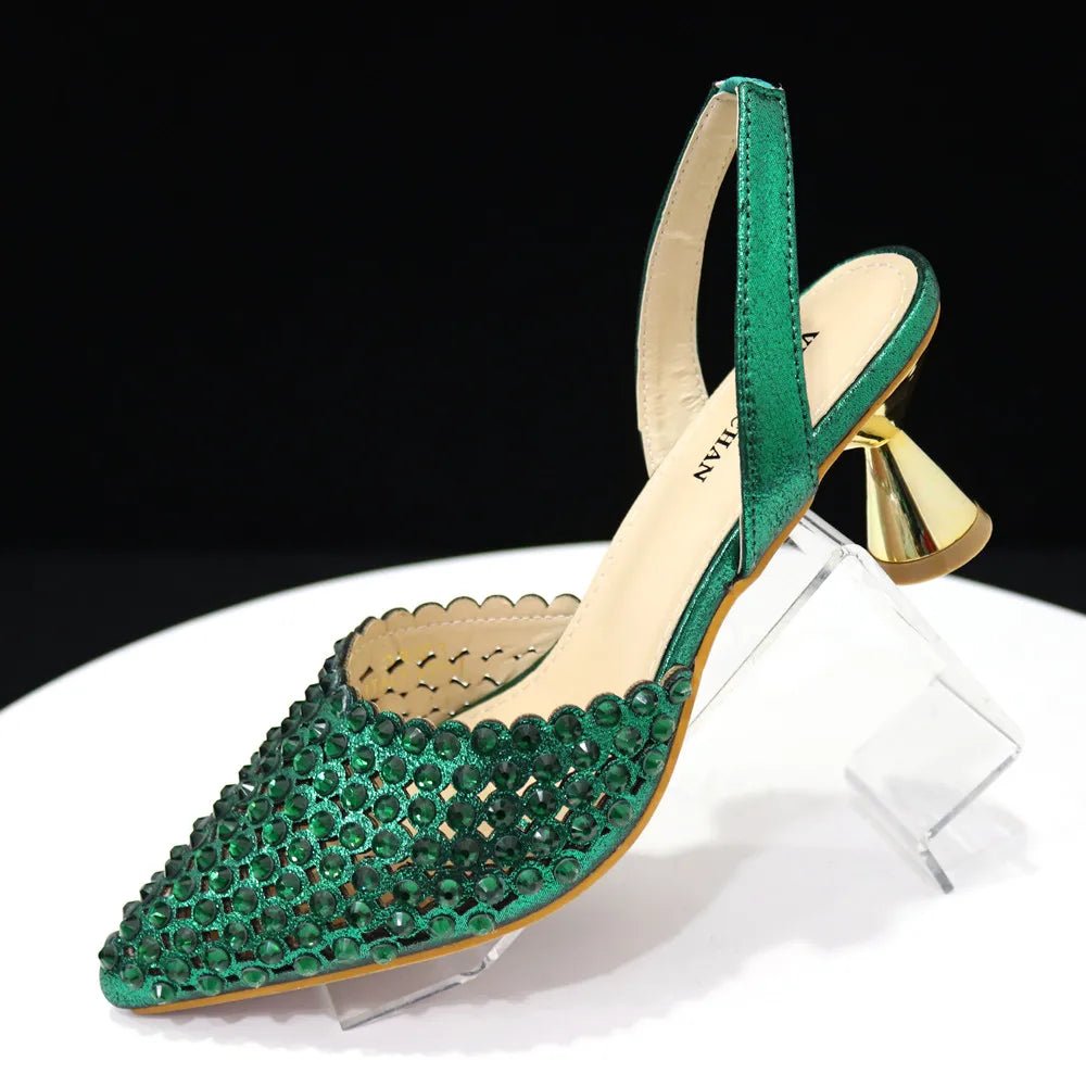 Venus Chan Pointed Toe Heels for Women 2023 Elegant Party Wine Color Full Diamond Pumps Italian Shoes and Bags Matching Set - MAGUSTA BEAUTY