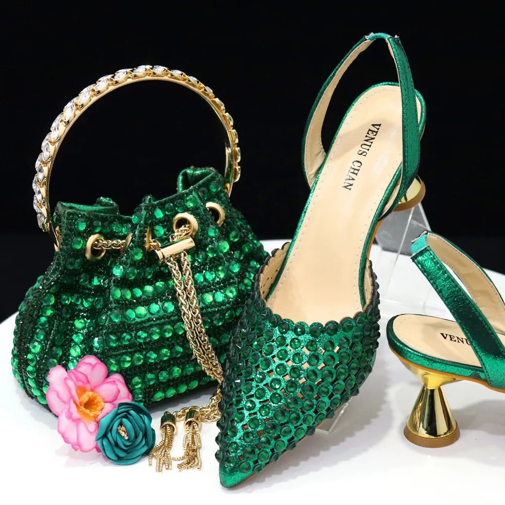 Venus Chan Pointed Toe Heels for Women 2023 Elegant Party Wine Color Full Diamond Pumps Italian Shoes and Bags Matching Set - MAGUSTA BEAUTY