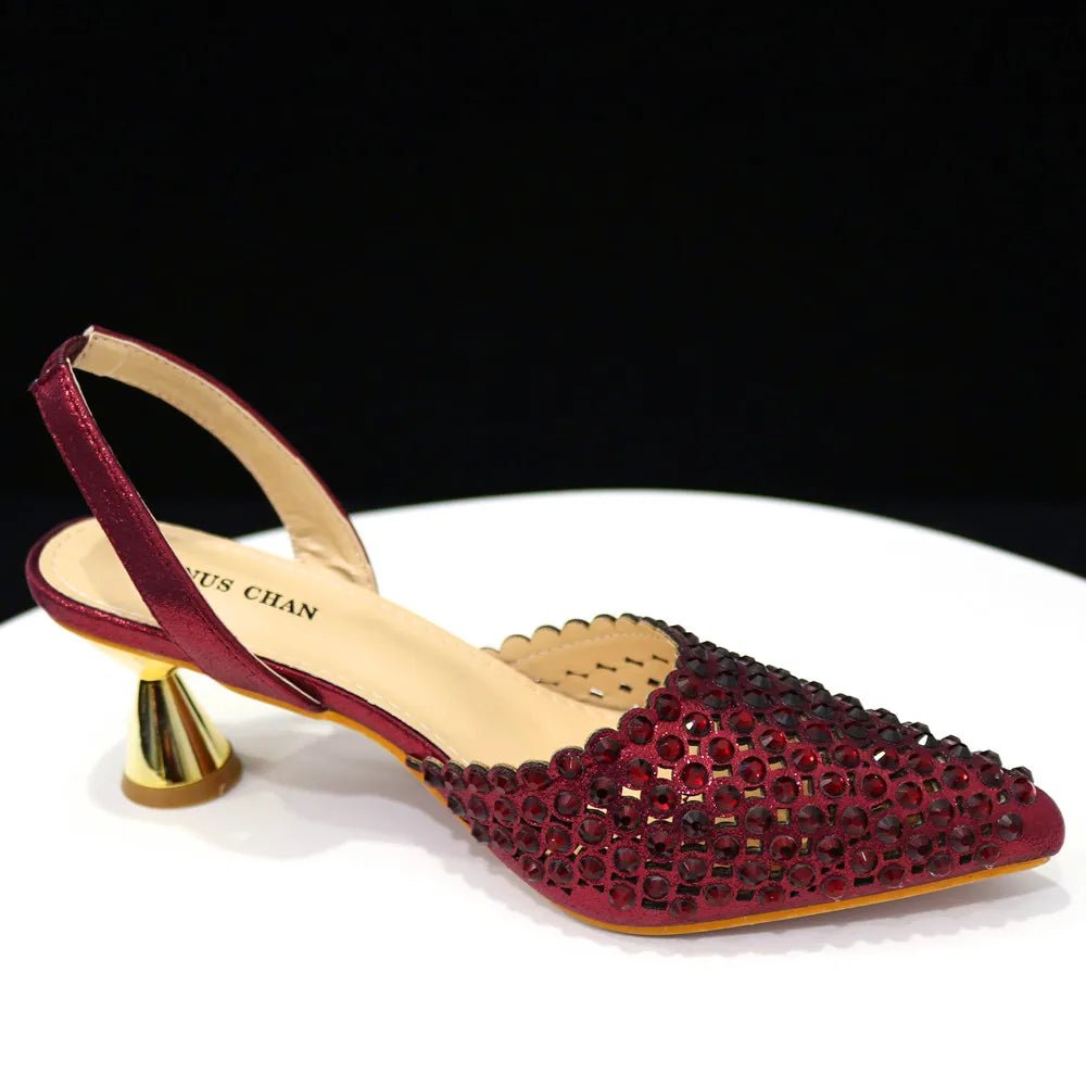 Venus Chan Pointed Toe Heels for Women 2023 Elegant Party Wine Color Full Diamond Pumps Italian Shoes and Bags Matching Set - MAGUSTA BEAUTY
