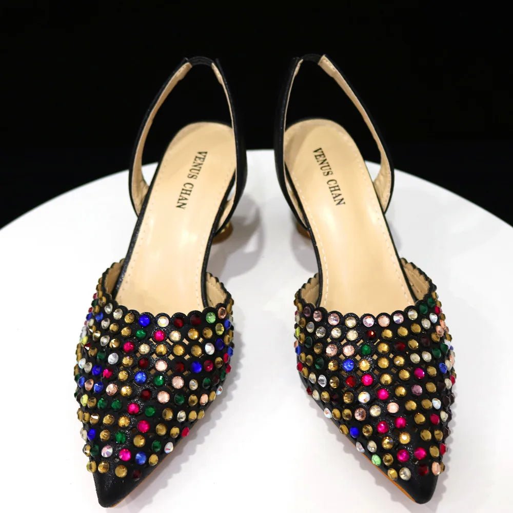 Venus Chan Pointed Toe Heels for Women 2023 Elegant Party Wine Color Full Diamond Pumps Italian Shoes and Bags Matching Set - MAGUSTA BEAUTY