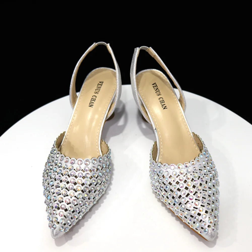 Venus Chan Pointed Toe Heels for Women 2023 Elegant Party Wine Color Full Diamond Pumps Italian Shoes and Bags Matching Set - MAGUSTA BEAUTY
