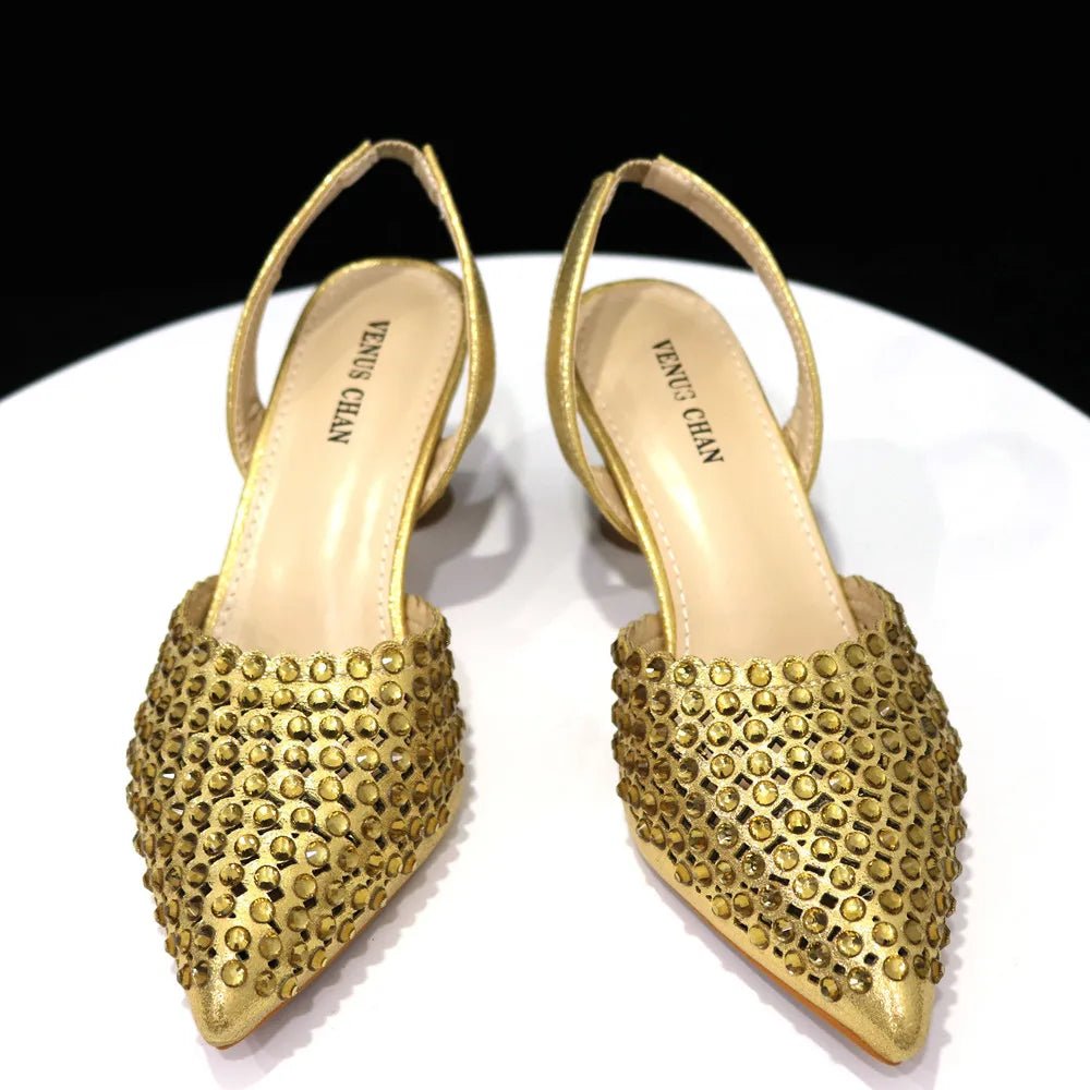 Venus Chan Pointed Toe Heels for Women 2023 Elegant Party Wine Color Full Diamond Pumps Italian Shoes and Bags Matching Set - MAGUSTA BEAUTY