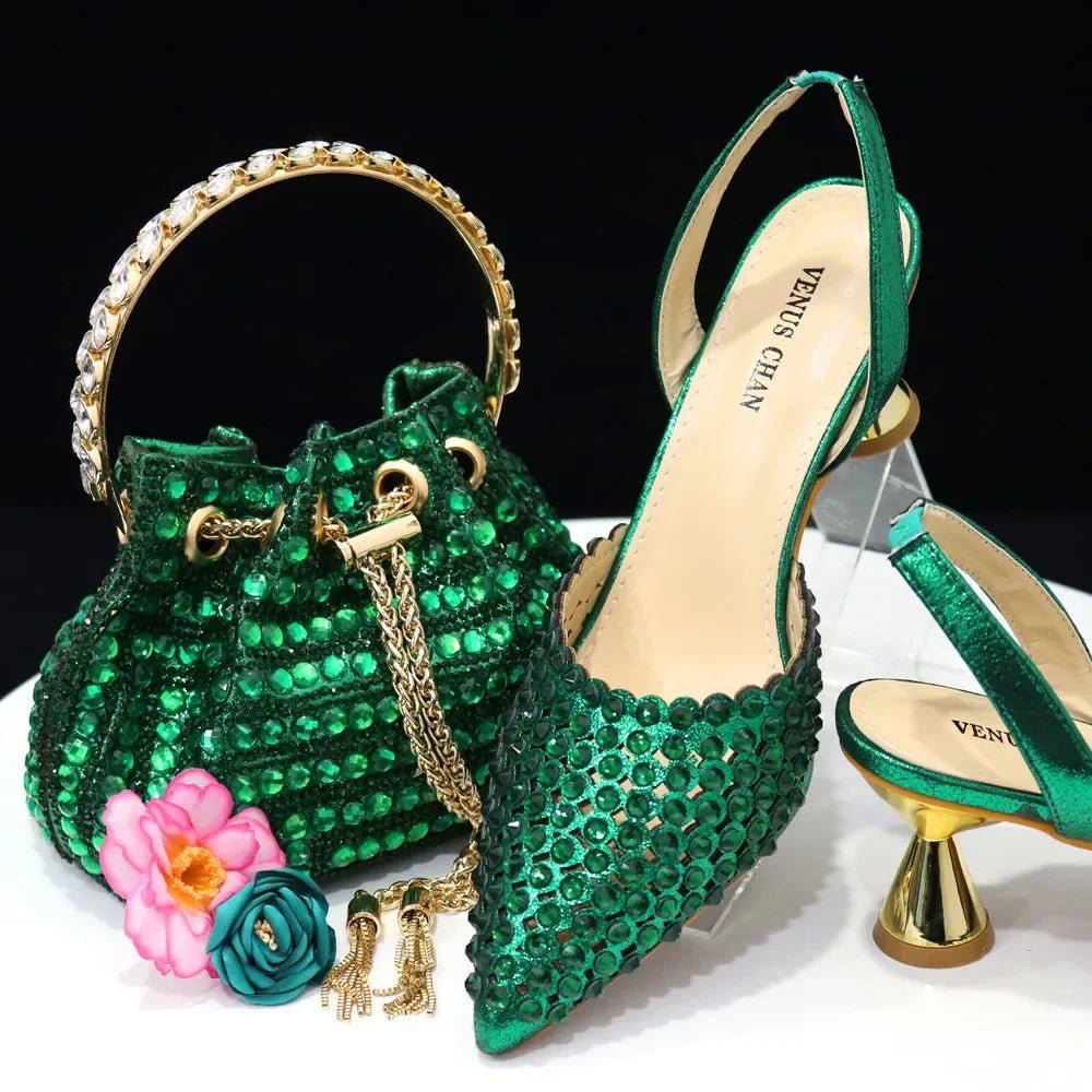 Venus Chan Pointed Toe Heels for Women 2023 Elegant Party Wine Color Full Diamond Pumps Italian Shoes and Bags Matching Set - MAGUSTA BEAUTY