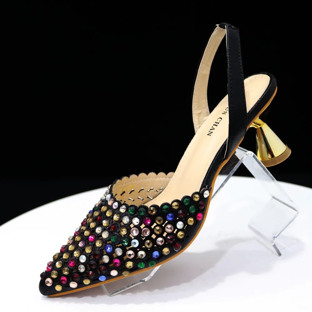 Venus Chan Pointed Toe Heels for Women 2023 Elegant Party Wine Color Full Diamond Pumps Italian Shoes and Bags Matching Set - MAGUSTA BEAUTY