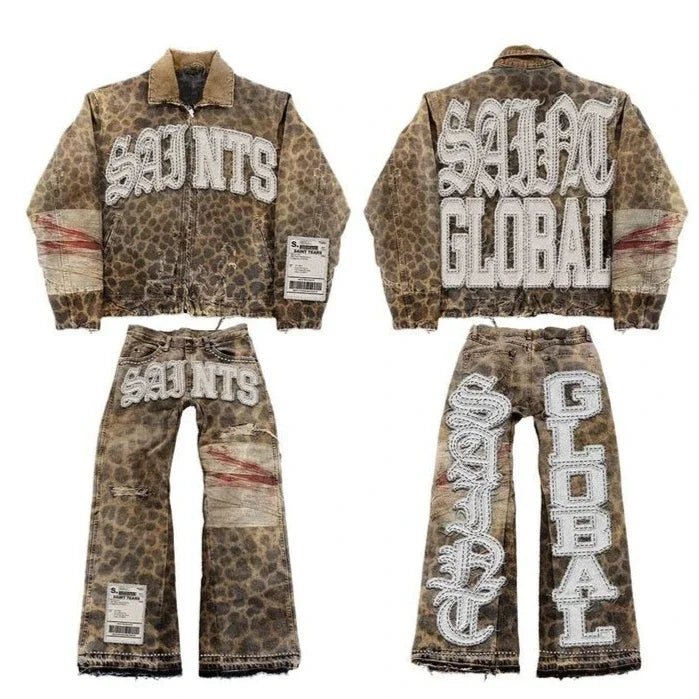 Vintage Leaves Camouflage Jeans Jacket Two Piece Set Y2K Suit Men Letters Rhinestone Sequins Oversized Coat Baggy Jeans Clothing - MAGUSTA BEAUTY
