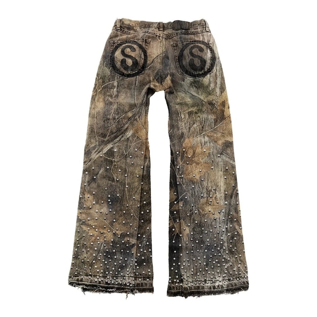 Vintage Leaves Camouflage Jeans Jacket Two Piece Set Y2K Suit Men Letters Rhinestone Sequins Oversized Coat Baggy Jeans Clothing - MAGUSTA BEAUTY