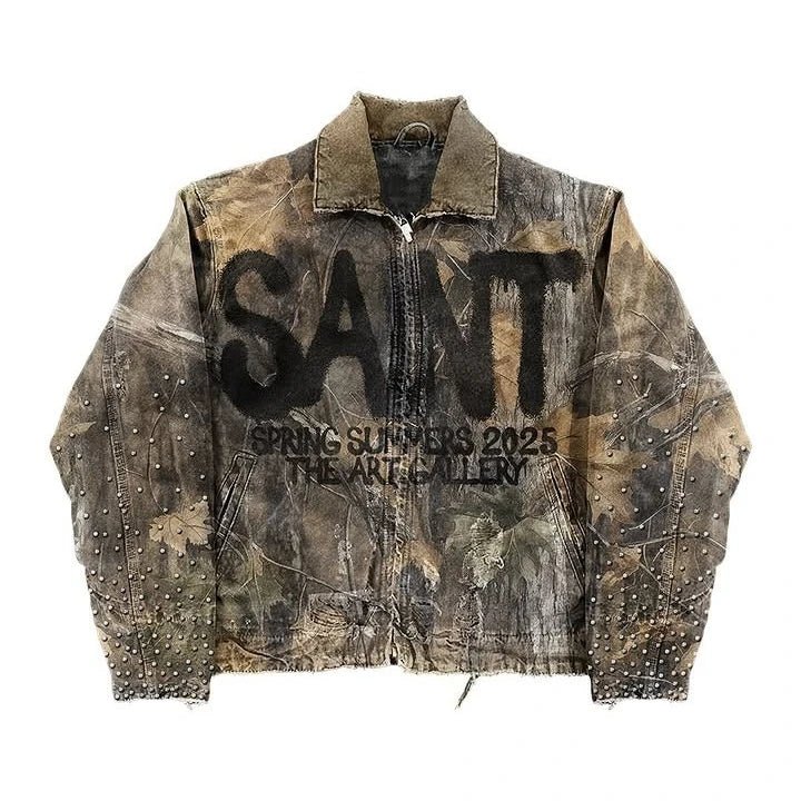 Vintage Leaves Camouflage Jeans Jacket Two Piece Set Y2K Suit Men Letters Rhinestone Sequins Oversized Coat Baggy Jeans Clothing - MAGUSTA BEAUTY