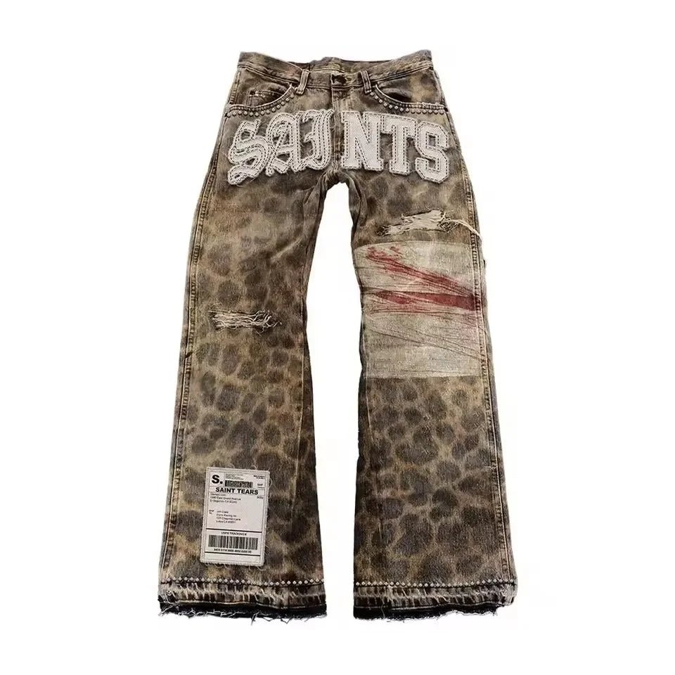 Vintage Leaves Camouflage Jeans Jacket Two Piece Set Y2K Suit Men Letters Rhinestone Sequins Oversized Coat Baggy Jeans Clothing - MAGUSTA BEAUTY