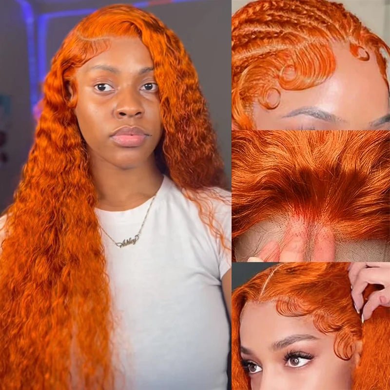 Water Wave Ginger Lace Front Wigs Human Hair 13x4 13x6 350 Colored Wigs 100% Brazilian Human Hair Deep Curly Wigs Orange Ginger - MAGUSTA BEAUTY
