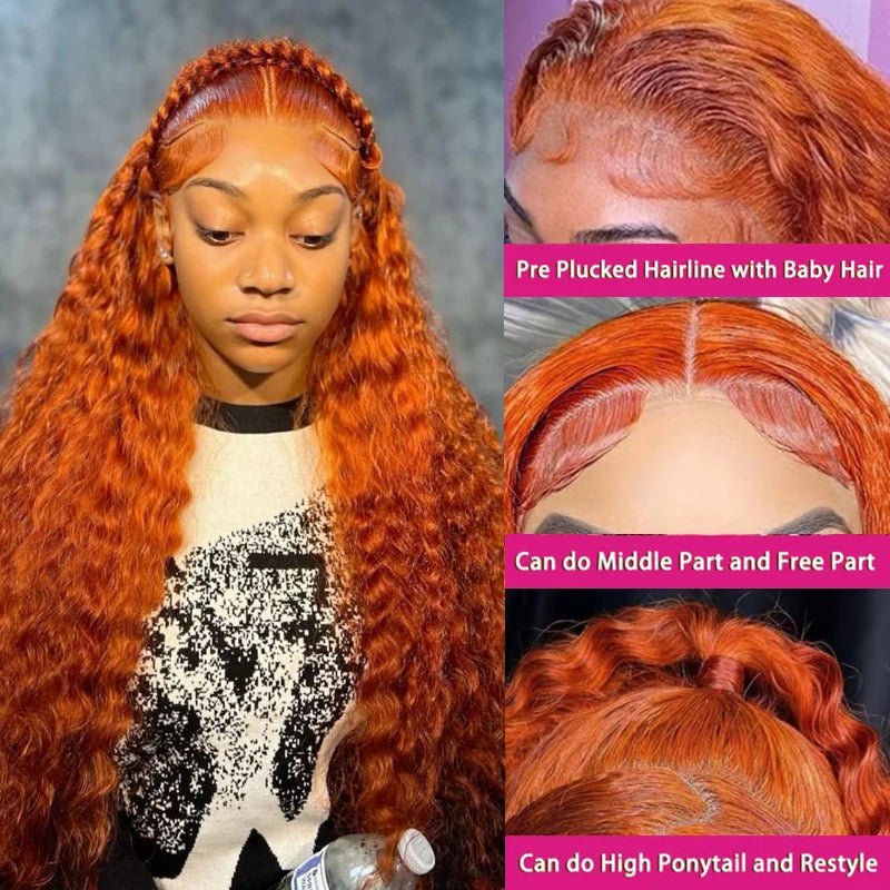 Water Wave Ginger Lace Front Wigs Human Hair 13x4 13x6 350 Colored Wigs 100% Brazilian Human Hair Deep Curly Wigs Orange Ginger - MAGUSTA BEAUTY