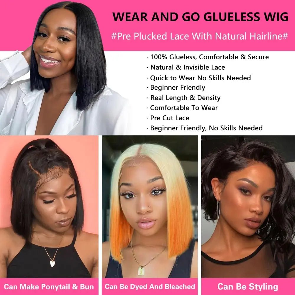 Wear And Go Glueless Wigs Human Hair Bob Straight Pre Cut Lace Front Wigs Human Hair Upgraded No Glue Lace Front Wigs For Women - MAGUSTA BEAUTY