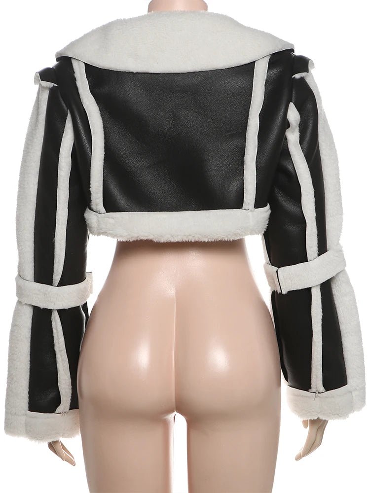 Weird Puss Furry Patchwork Women Crop Jacket Hipster Full Sleeve Open Stitch Hipster Streetwear Warm Outwear Basic Wild Coat - MAGUSTA BEAUTY