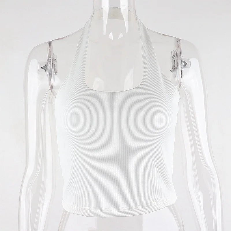 White Halter Sexy Backless Tank Tops for Women Streetwear 2023 Sleeveless Ribbed Knit Vest Top Cropped Feminino - MAGUSTA BEAUTY
