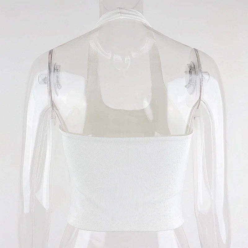White Halter Sexy Backless Tank Tops for Women Streetwear 2023 Sleeveless Ribbed Knit Vest Top Cropped Feminino - MAGUSTA BEAUTY