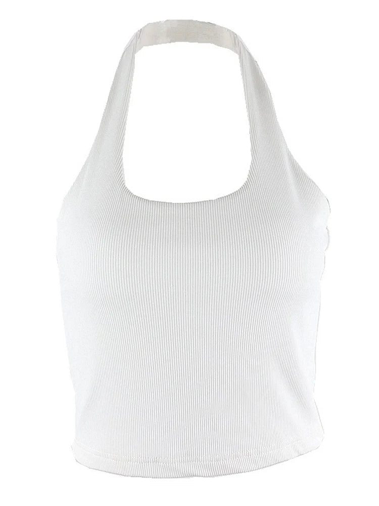 White Halter Sexy Backless Tank Tops for Women Streetwear 2023 Sleeveless Ribbed Knit Vest Top Cropped Feminino - MAGUSTA BEAUTY