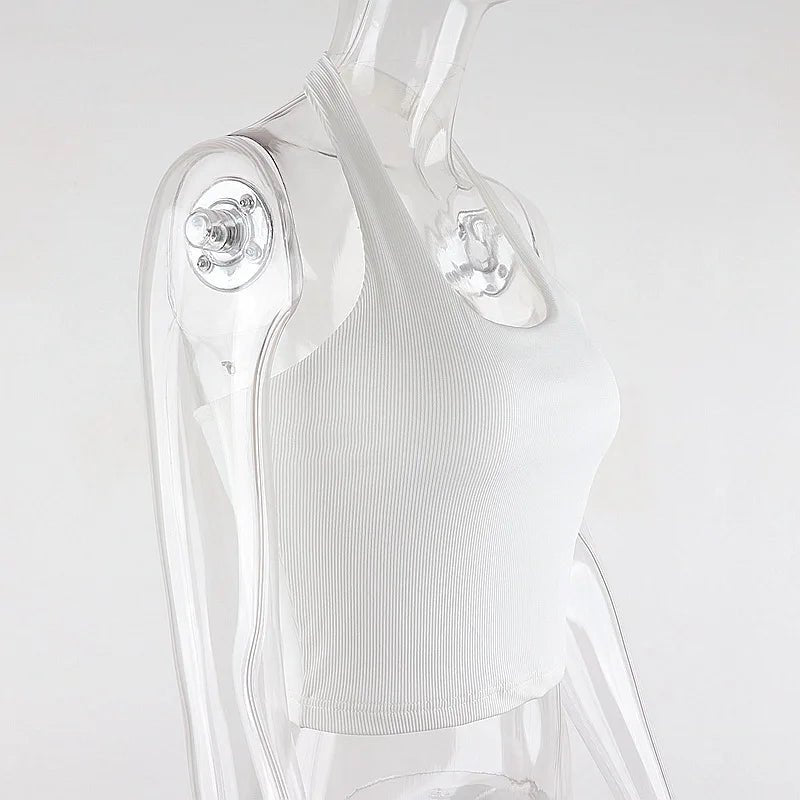 White Halter Sexy Backless Tank Tops for Women Streetwear 2024 Sleeveless Ribbed Knit Vest Top Cropped Feminino - MAGUSTA BEAUTY