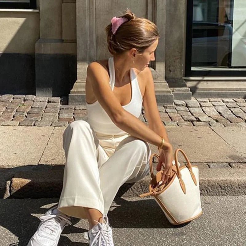 White Halter Sexy Backless Tank Tops for Women Streetwear 2024 Sleeveless Ribbed Knit Vest Top Cropped Feminino - MAGUSTA BEAUTY