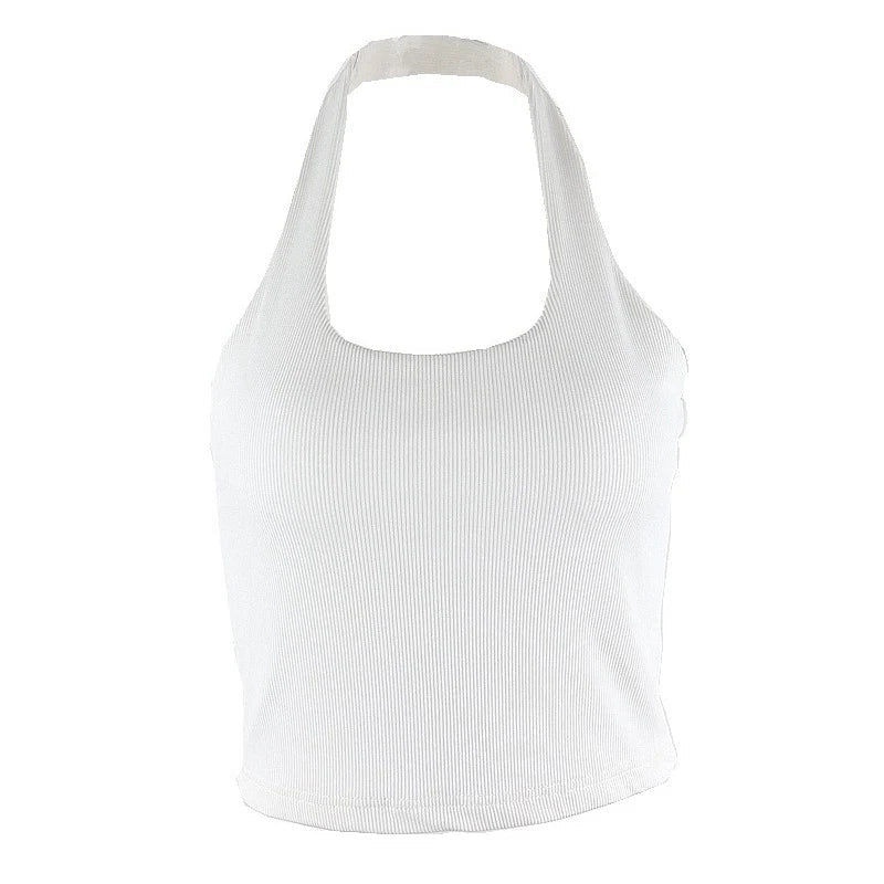 White Halter Sexy Backless Tank Tops for Women Streetwear 2024 Sleeveless Ribbed Knit Vest Top Cropped Feminino - MAGUSTA BEAUTY